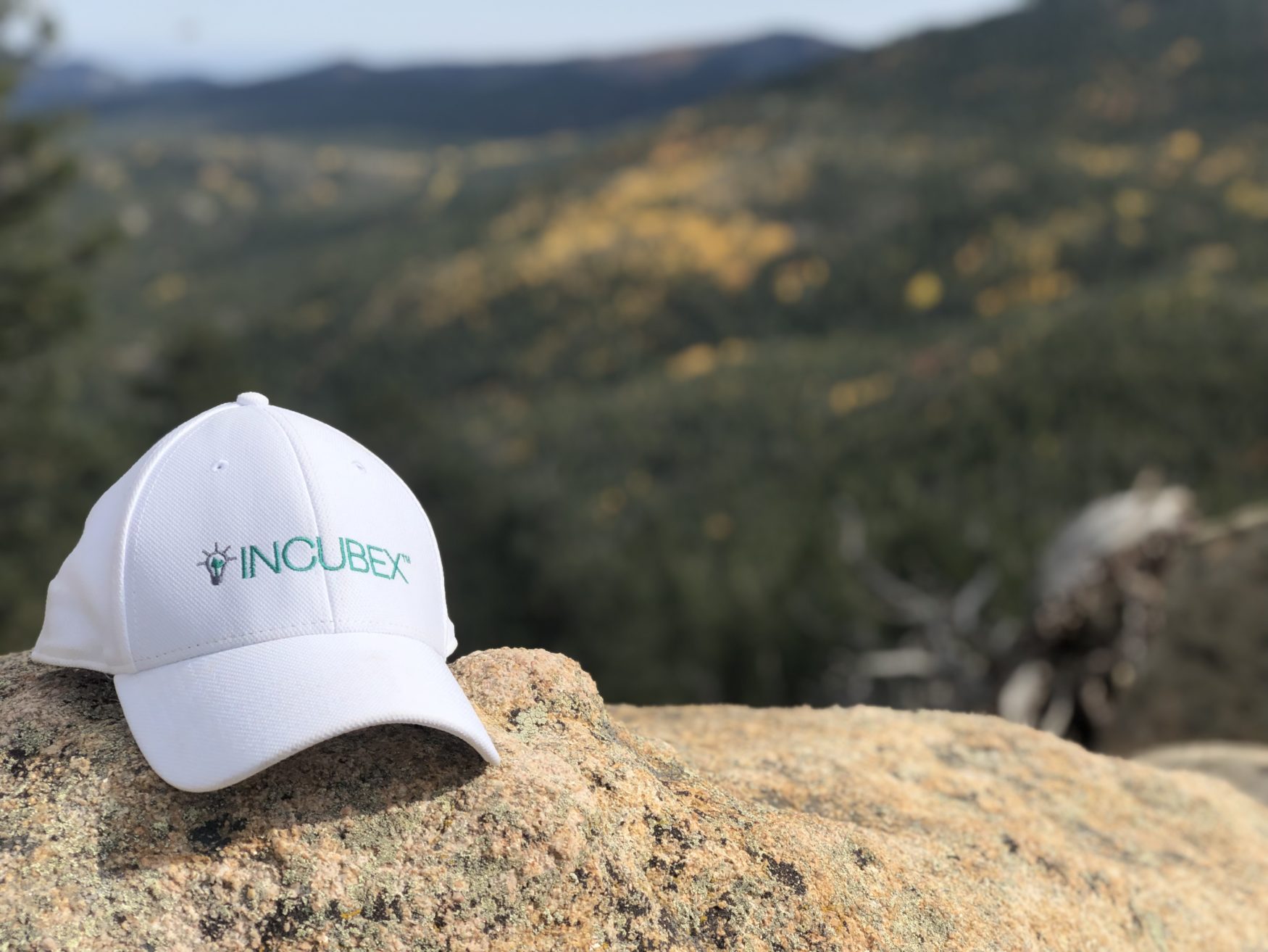 IncubEx hat sitting on a rock with a scenic background